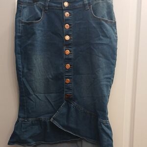 CUTE RUFFLE Asymmetrical Denim Skirt with Button Detail